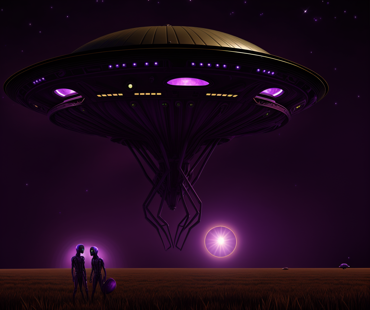 03552-25938350-ddstyle, painting of two aliens emerging from a landed ufo flying saucer in a tall grassy field, dimly lit by eerie purple hazy,.png